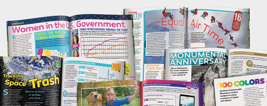 An assortment of Scholastic MATH magazine spreads