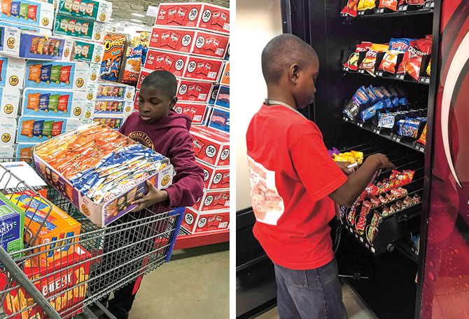 Kid shopping for snacks in one image and in the other, him stocking the vending machines