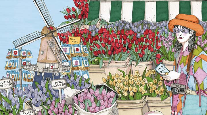 Illustration of a person buying flowers from a flower stand
