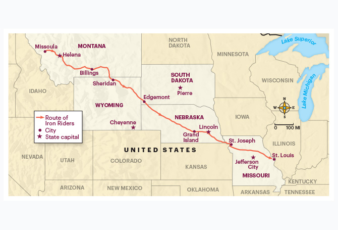 Enlargeable map of America showing the route the Iron Riders took