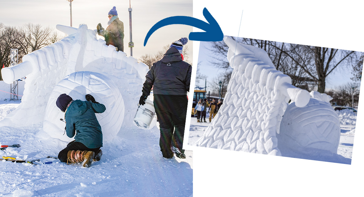 Two images showing the process of creating an ice sculpture and the finished product