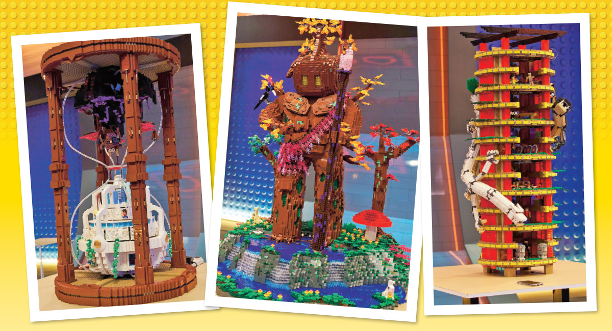 Image of three structures built entirely from legos