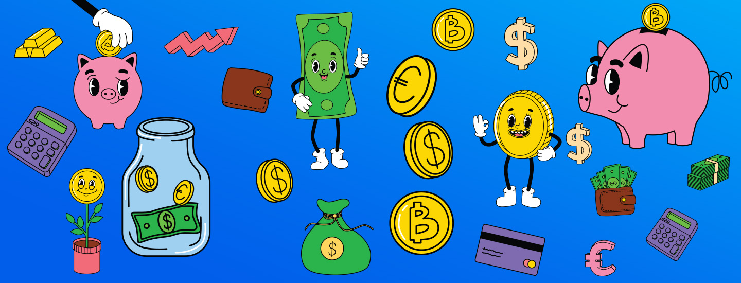 Illustration of coins, dollars, and piggy banks
