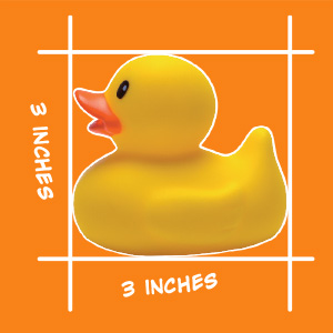 Image of a yellow toy duck measuring 3 by 3 inches