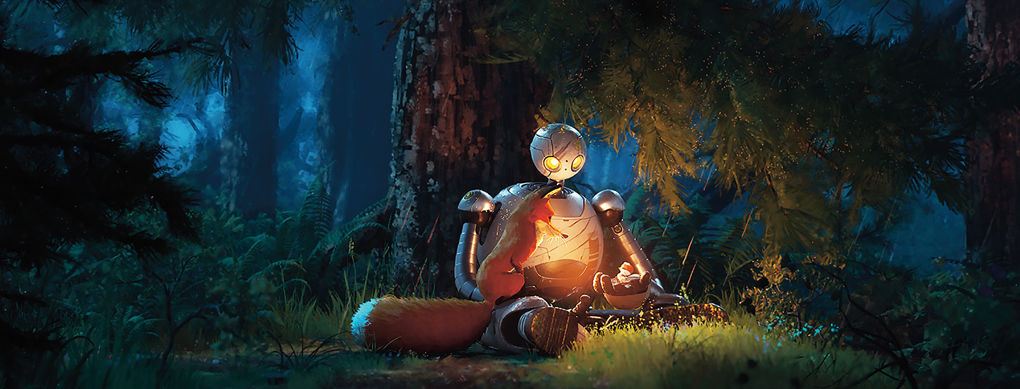 Image of a robot with a parent fox and holding a baby fox while in a forest