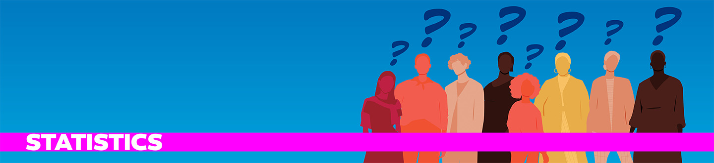Illustration of group of people with question marks overhead. Text, "Statistics"